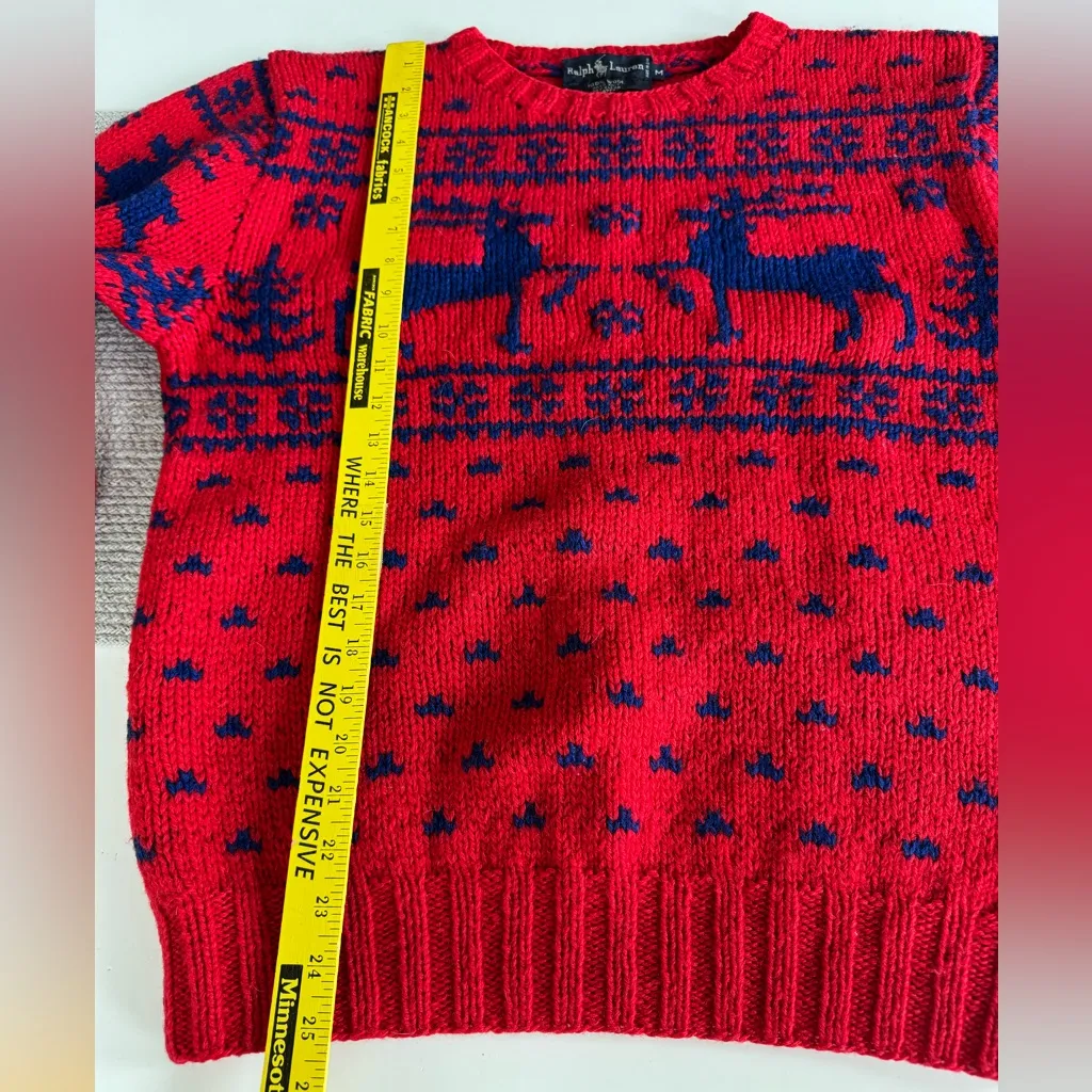 Vintage Hand Knit Wool Ralph Lauren Red Cobalt Blue Reindeer Sweater Sz Medium - Image 10