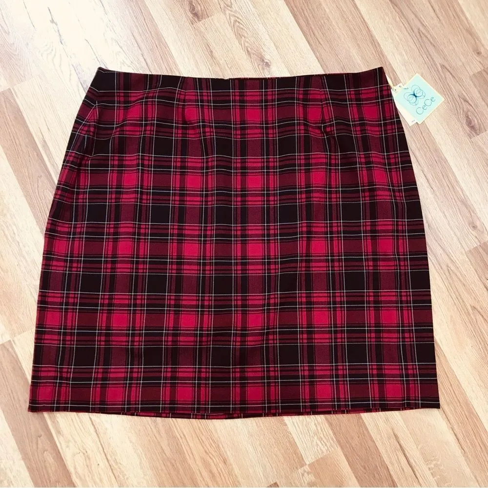 CECE Red Black Plaid Pencil Skirt Knee Length Office Career Plus Size 24W New - Image 2