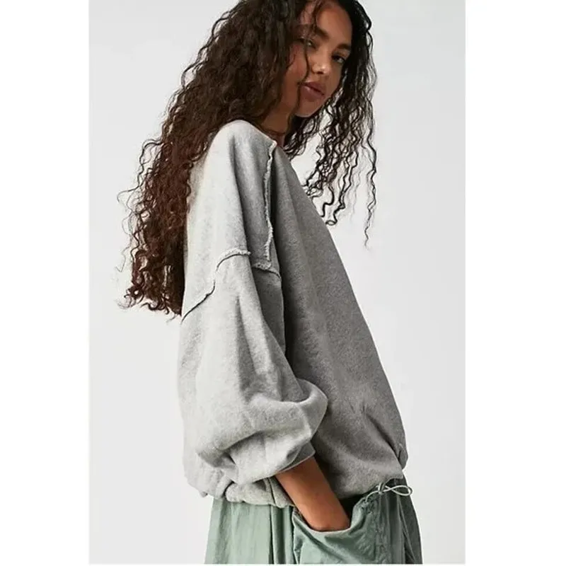 Free People Bubble Up Dropped Shoulder Oversized Pullover Sweatshirt Gray Medium - Image 2