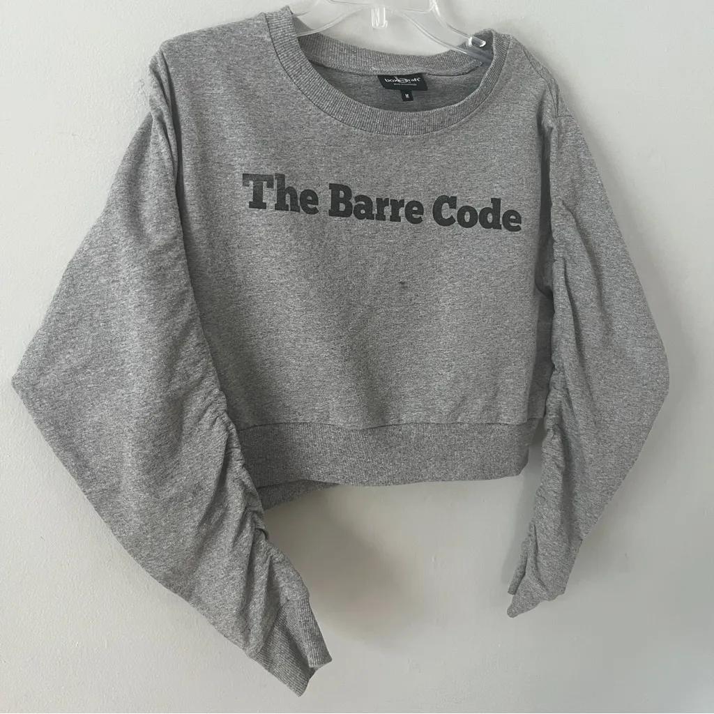 The Barre Code Gray Women's Crop Top Sweatshirt with scrunched sleeves - Image 2