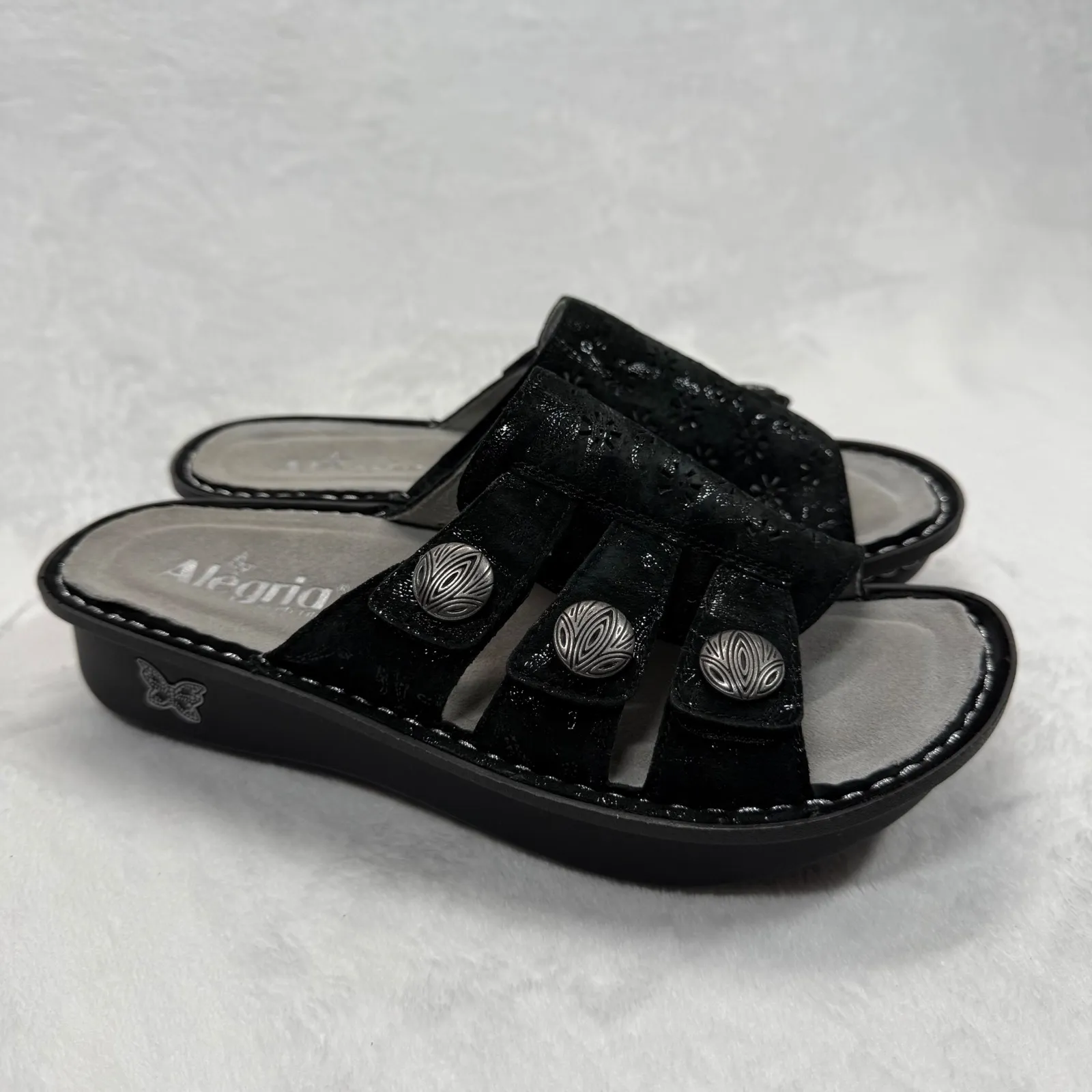 Alegria Leather Julee Vinely Sandals Black Slides‎ Black Floral Size 36 US 6 - Image 4