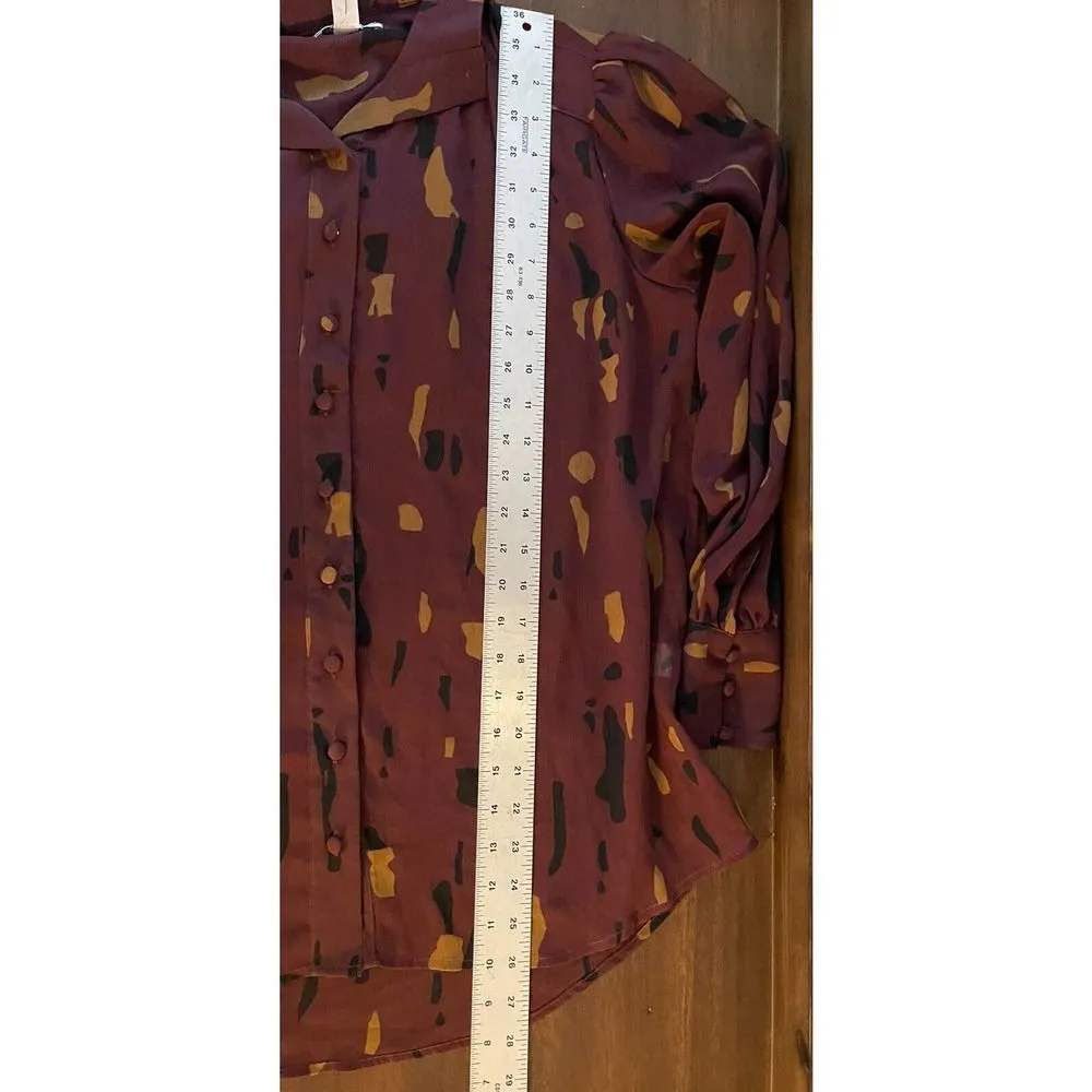 Nine West Womens Small Shirt Long Sleeve Button Down Wine Printed Semi Sheer NEW - Image 8