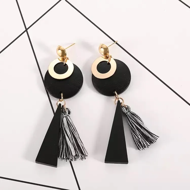 Wooden Tassels Stud Drop Dangle Earrings Black - Image 5