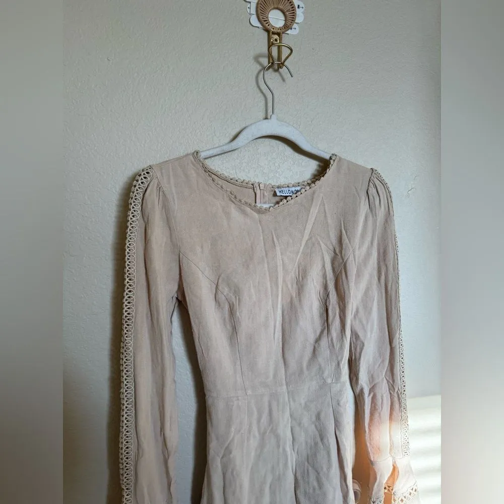 Hello Molly Follow My‎ Lead Linen Mini Dress Sz Small Beige Flare Sleeve NEW - Image 8