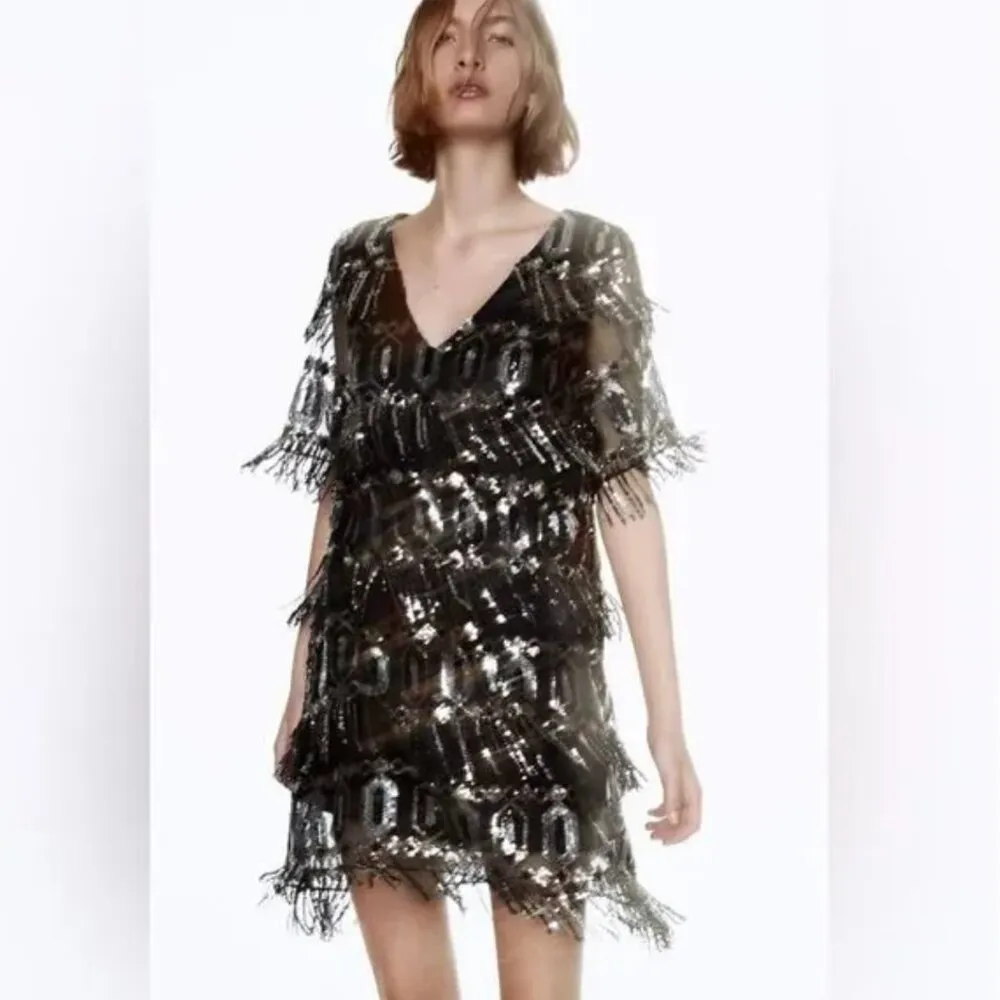 ZARA NWT SEQUINED FRINGED DRESS - small - Image 9