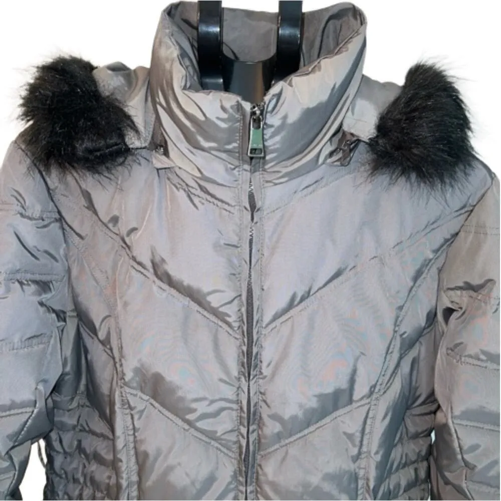 Bebe Pewter Silver Heavy Long Winter Puffer Coat Faux Fur Detach Hood Size XL - Image 4