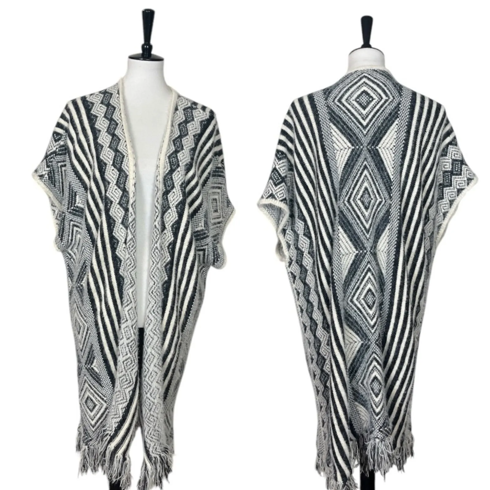 Emory Park Long Fringe Cardigan Sweater Open Front Cream Gray Boho Women’s Large - Image 12