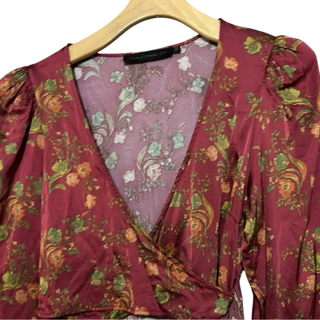 House of Harlow 1960 Women’s Size S Red Floral Multi Alaia Cropped Wrap Blouse - Image 4