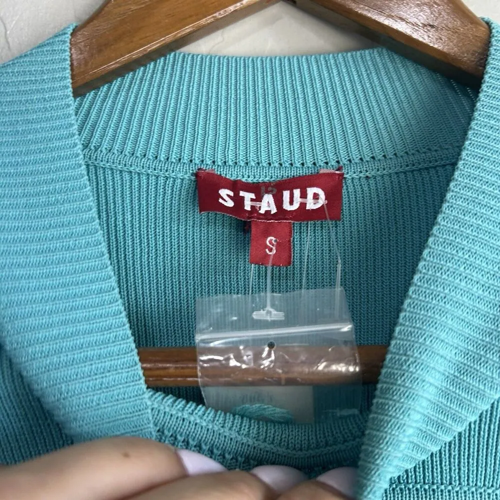 STAUD Clara Knit Top Long Sleeve Small Turquoise Heart Cutout Ribbed Knit NWT - Image 5