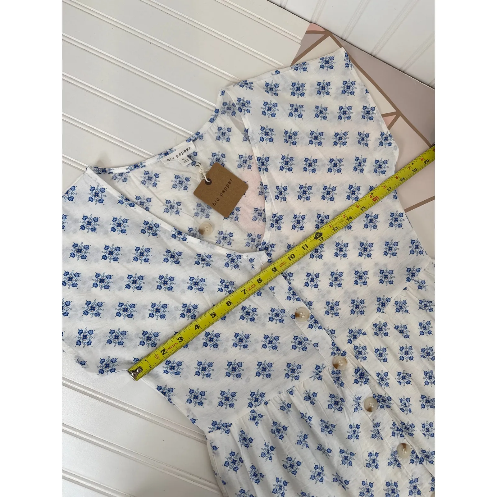 NWT Blue Pepper Geometric Print Midi Dress Blue White Tiered V - Image 6