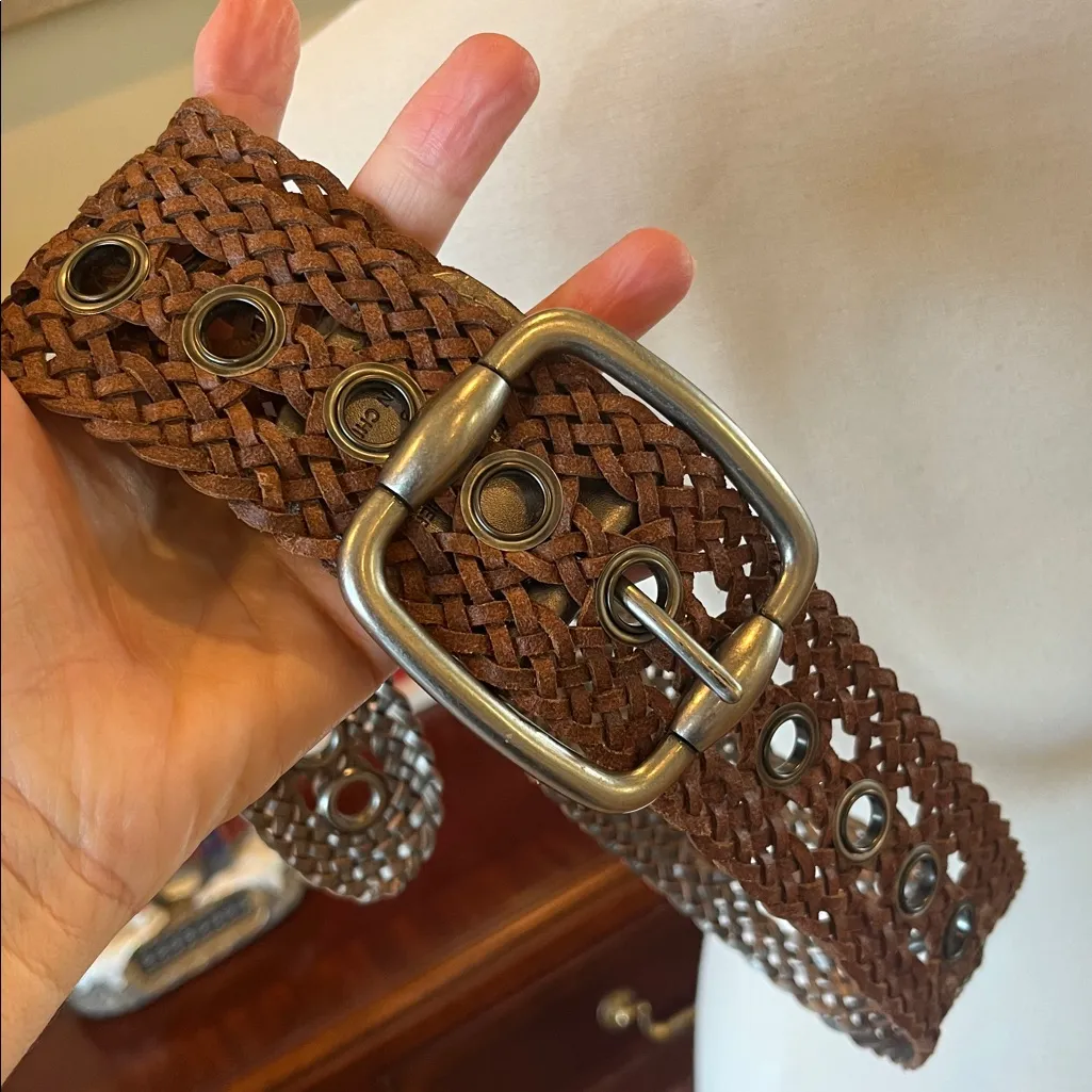 Fossil  Brown Leather Braided Belt with Silver Buckle - Image 3