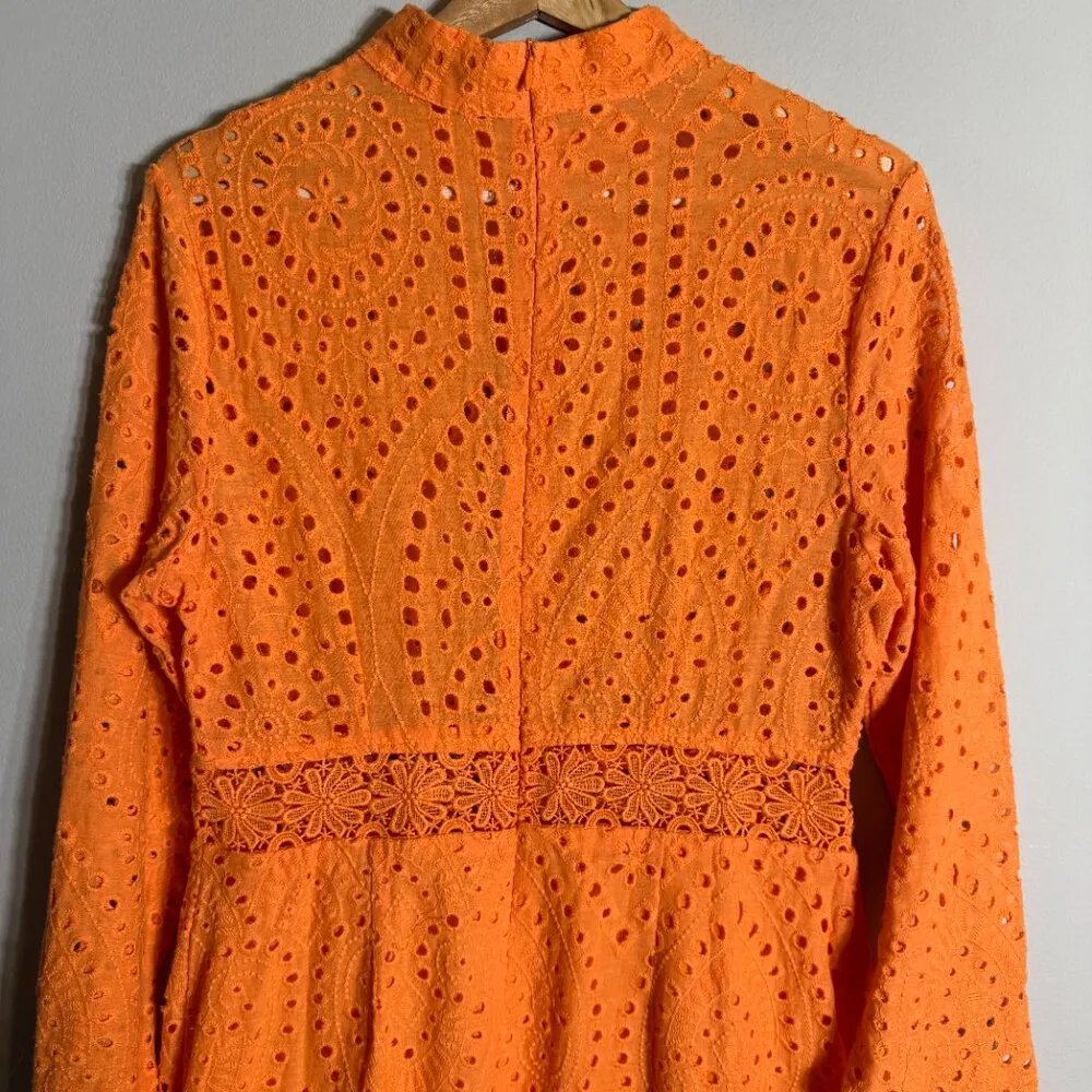Lioness Eyelet Cutout High Neck Mini Dress Women's XL Orange Lace Party Cocktail - Image 13