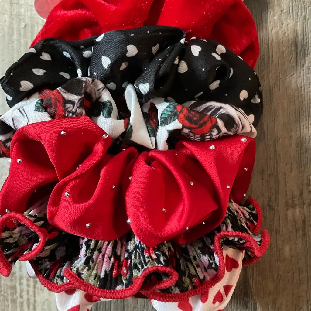 Red & Black Scrunchie Set. Includes Six Red, Black & White Patterned Scrunchies - Image 2