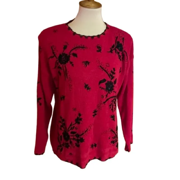 Vtg Y2K embroidered n beaded sweater Red Size L - Image 2