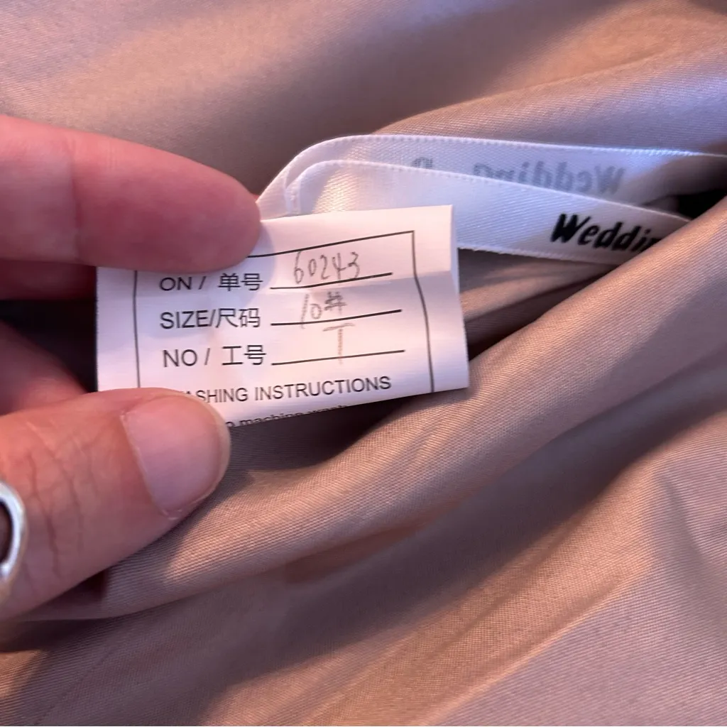 NWOT beige chiffon high low bridesmaid dress size 10 lace up back flutter sleeve Tan - Image 5