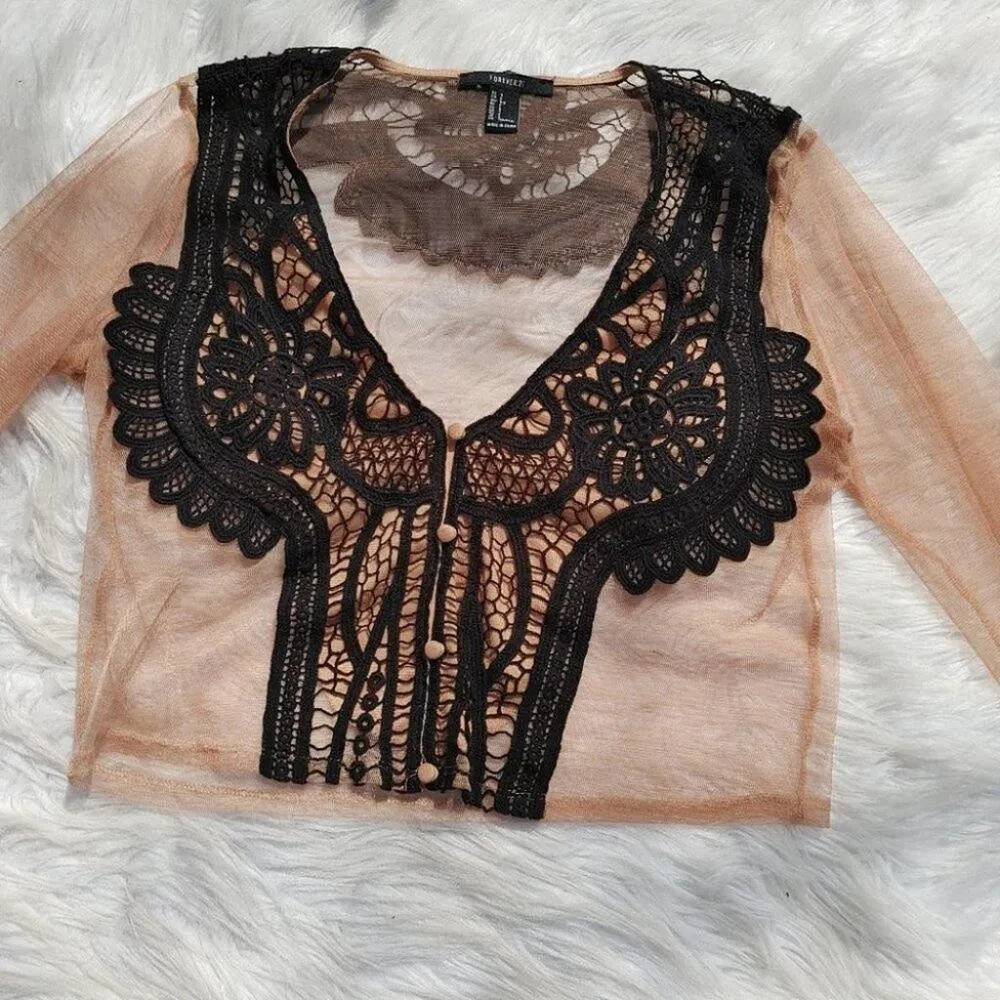 Forever 21 Size Small S Sheer Light Carmel Brown Black Cropped Crochet Festival - Image 3