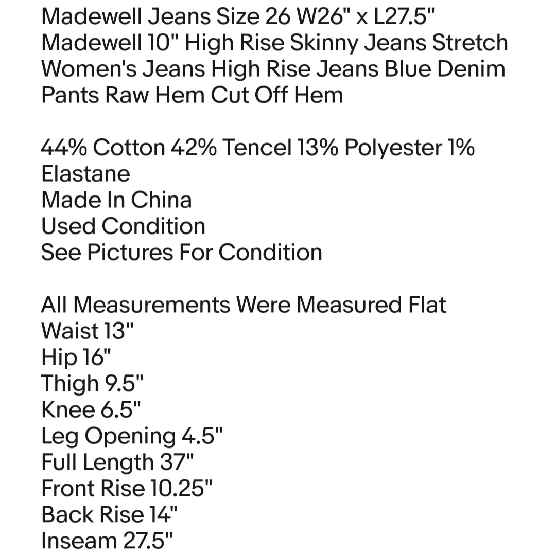 Madewell Jeans Size 26 W26" x L27.5" Madewell 10" High Rise Skinny Jeans Stretch - Image 2