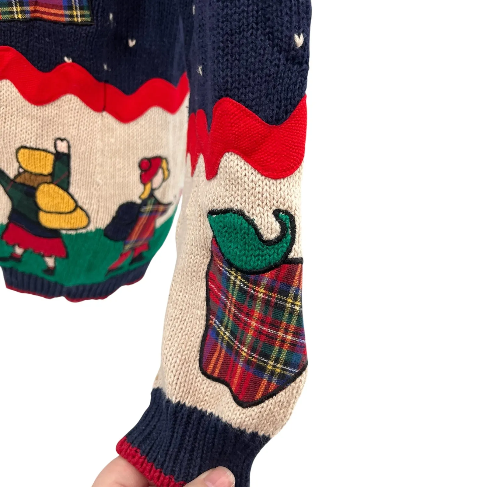 Vintage 90s BellePointe Folk Art Cardigan Sweater Novelty Print Blue Red Medium - Image 10