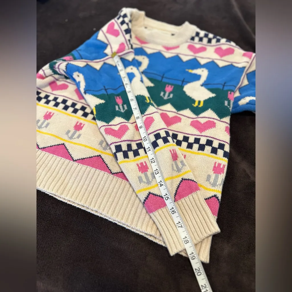 Kina & Tam Sz: XS Duck Goose Heart Flower Cottagecore Warm Winter sweater Blue - Image 4