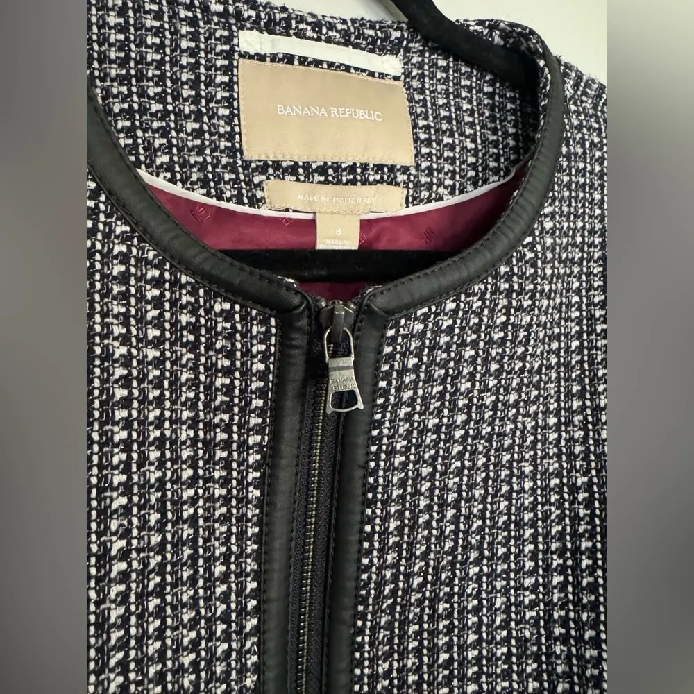 Banana Republic Tweed Woven Wool Blend Black White Zip Jacket Blazer Size 8 - Image 3