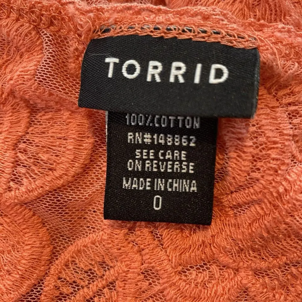 Torrid Blouse Orange Coral Lace Embroidered Cap Sleeve Scoop Neck Sheer 0 = 10 - Image 7
