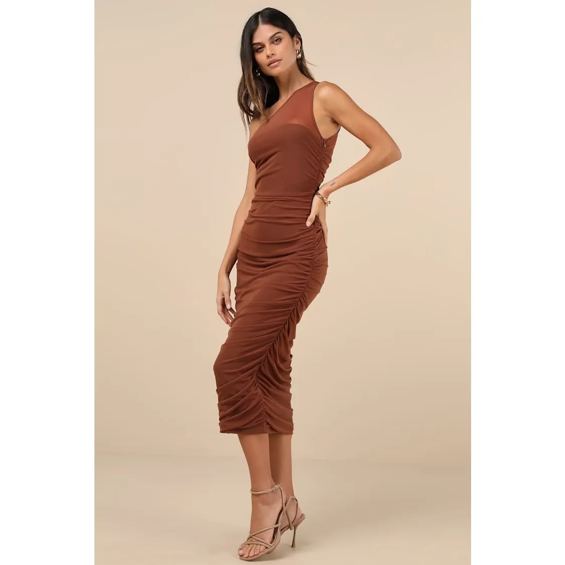 NWT Lulus Kiden Brown Mesh Ruched One-Shoulder Midi Dress Party Neutral Size S - Image 3