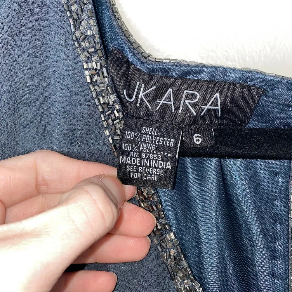 J Kara Gray Blue Grey Chiffon Beaded Blouson Mini Cocktail Wedding Guest Dress 6 - Image 7