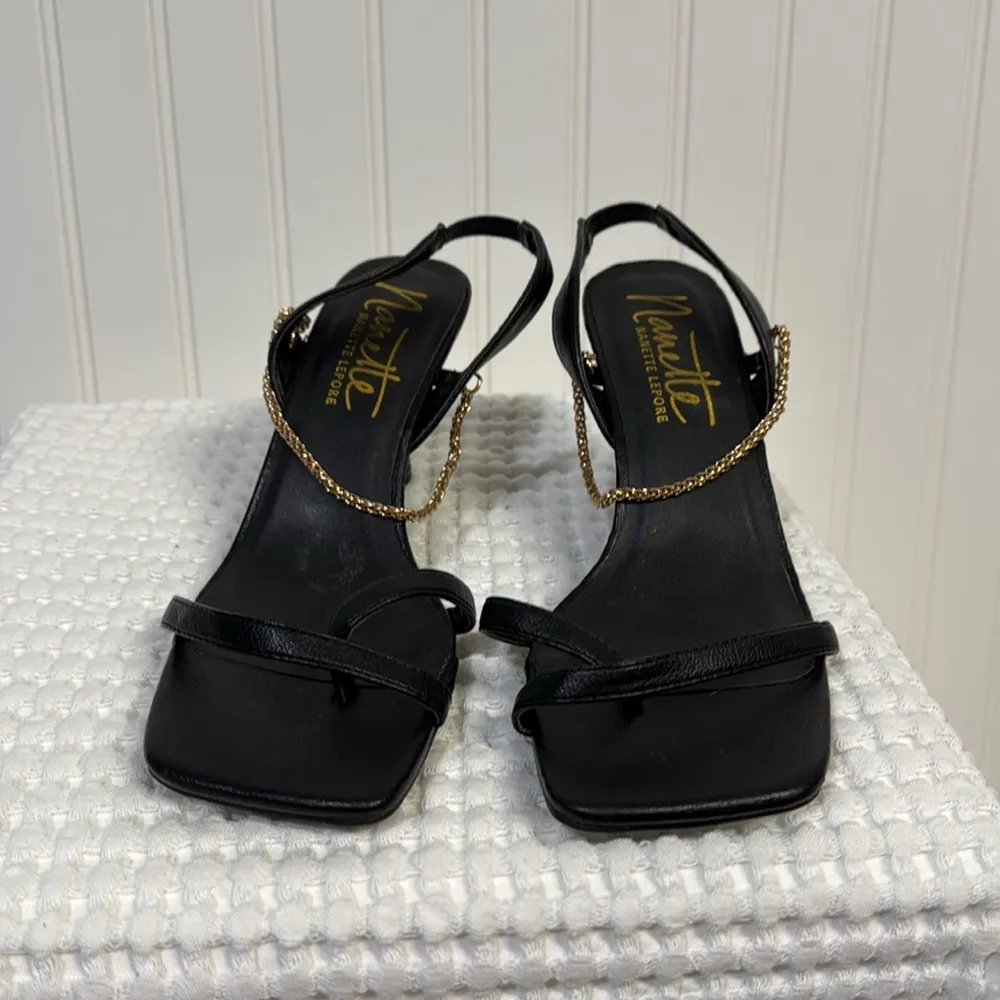 Nanette Lapore Black Strappy Heels Gold Chain 7.5 sandals square toe - Image 4