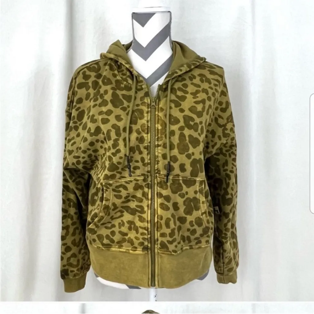 JoyLab Full Zip Leopard Animal Print Acid Wash Olive Green Hoodie M - Image 6