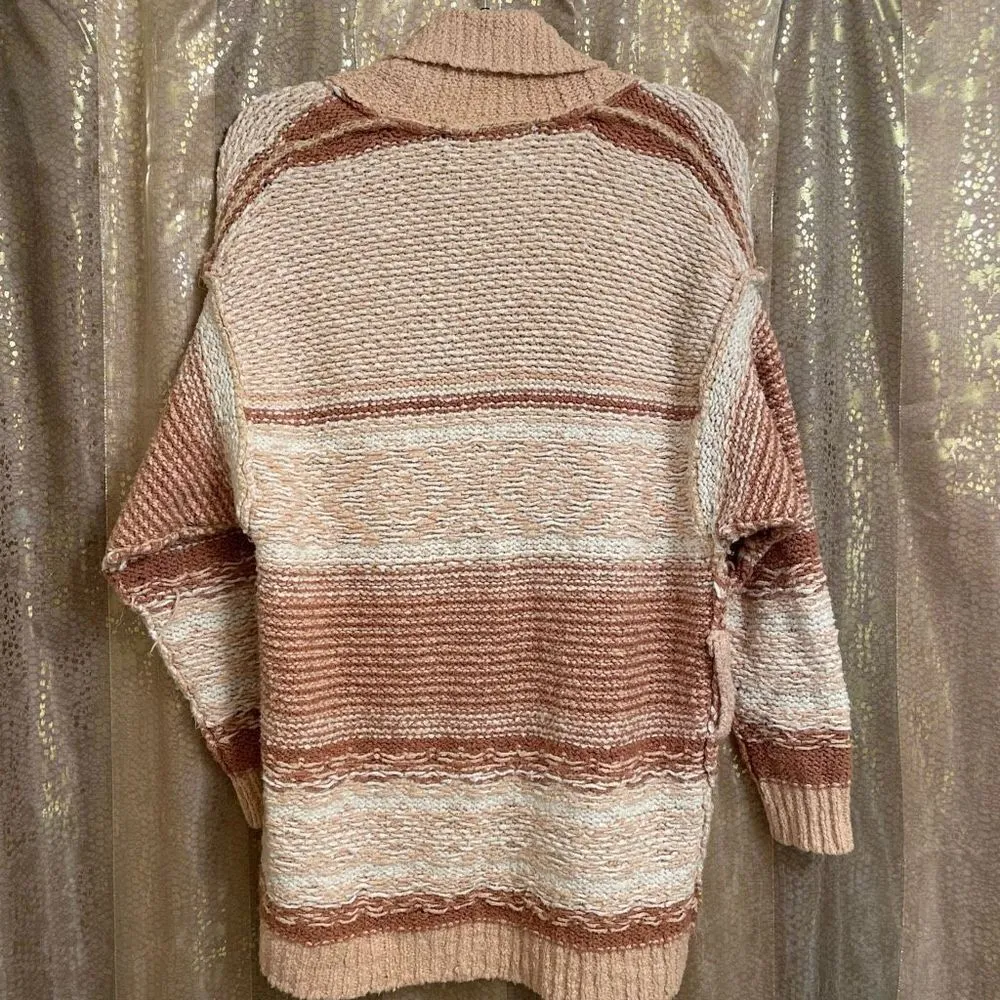 Free People Cozy Cabin Chunky Knit Boho Ivory Peach Cardigan Sweater Oversized X - Image 2