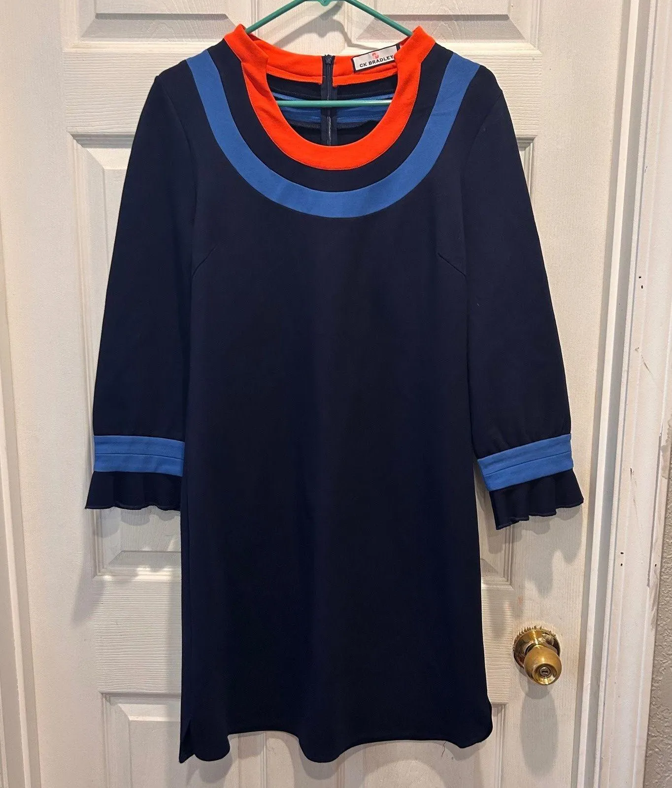 CK Bradley Navy Blue Orange U Neck Color Block Ponte Ruffle 3/4 Sleeve Large - Image 1