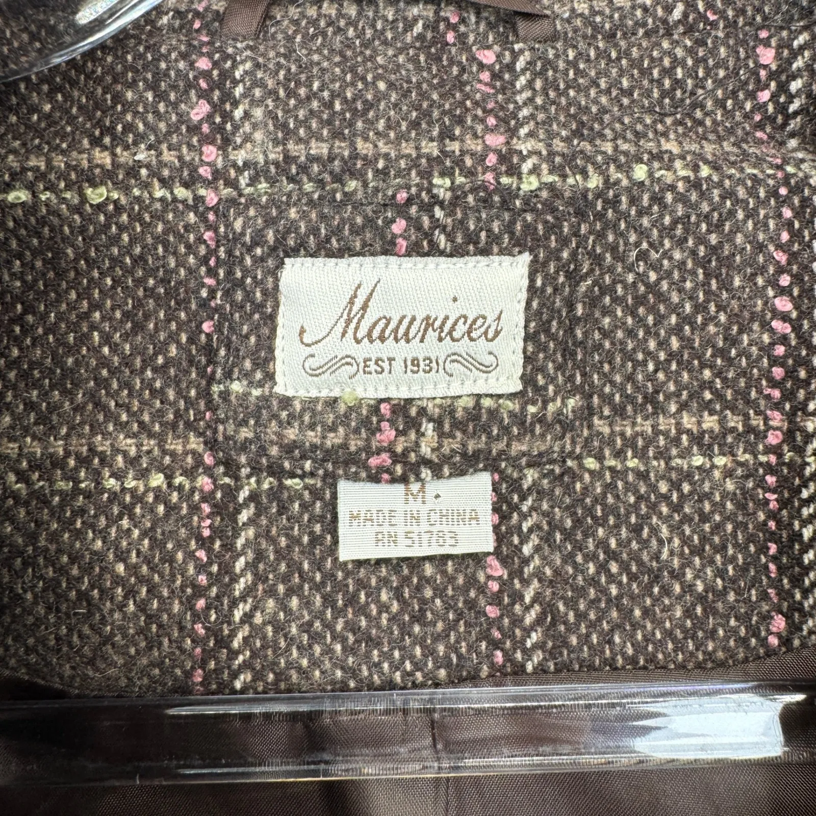 Vintage Y2K Maurices Tweed Preppy Jacket Womens M Brown Plaid Wool Blend Pockets - Image 5