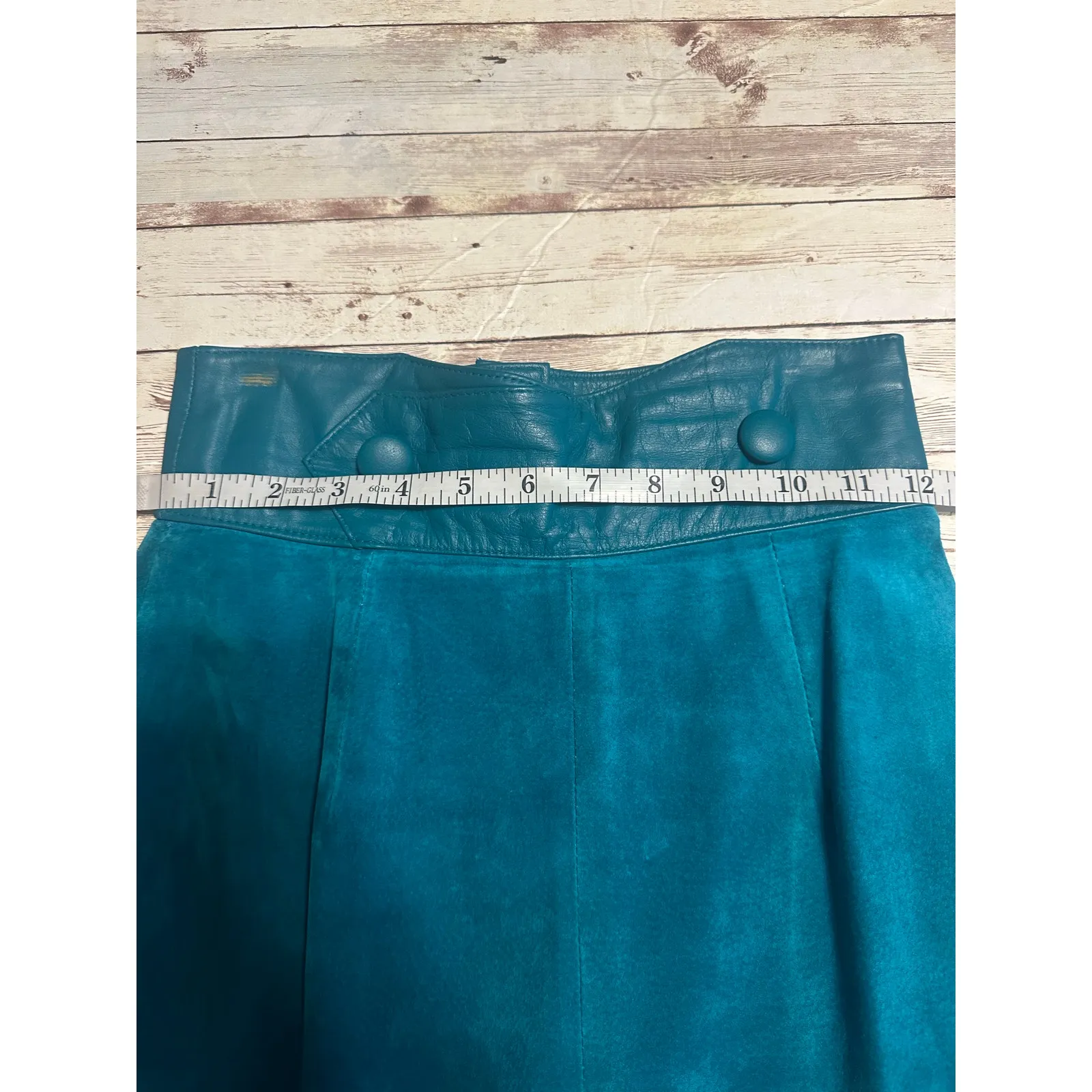 Cayenne Leather Suede Leather Midi Straight Skirt SZ 3/4 Lined Teal Green VTG Blue - Image 7