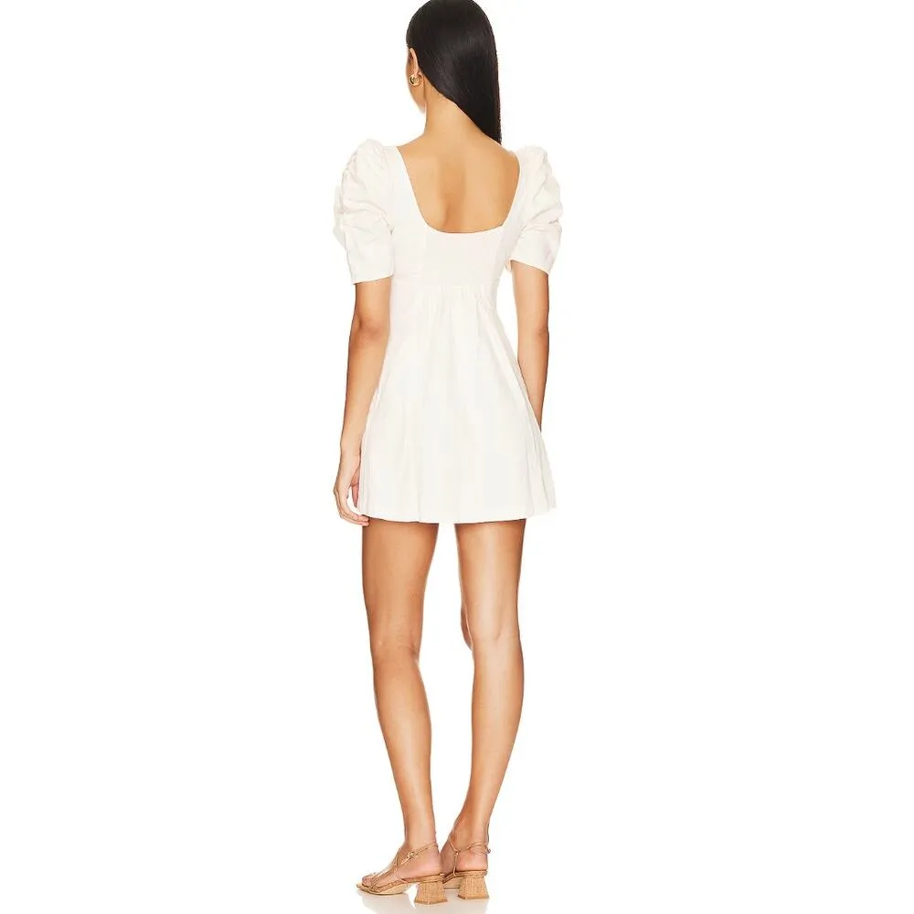 Free People Cheyenne Denim Mini Dress Ivory Puff Sleeve Pockets Coquette Small - Image 3