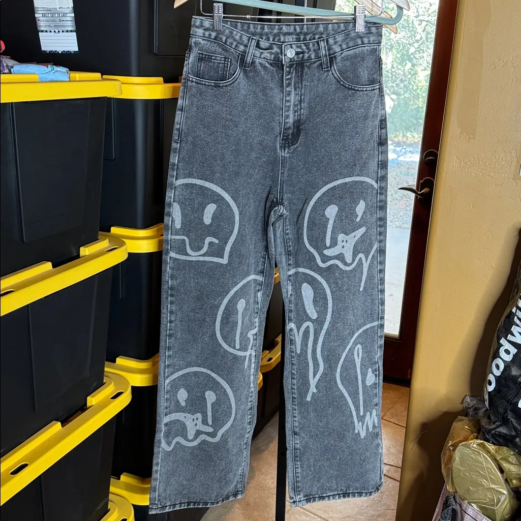 SHEIN EZwear High Waist Cartoon Graphic Wide Leg Jean Gray Size 6 - Image 6