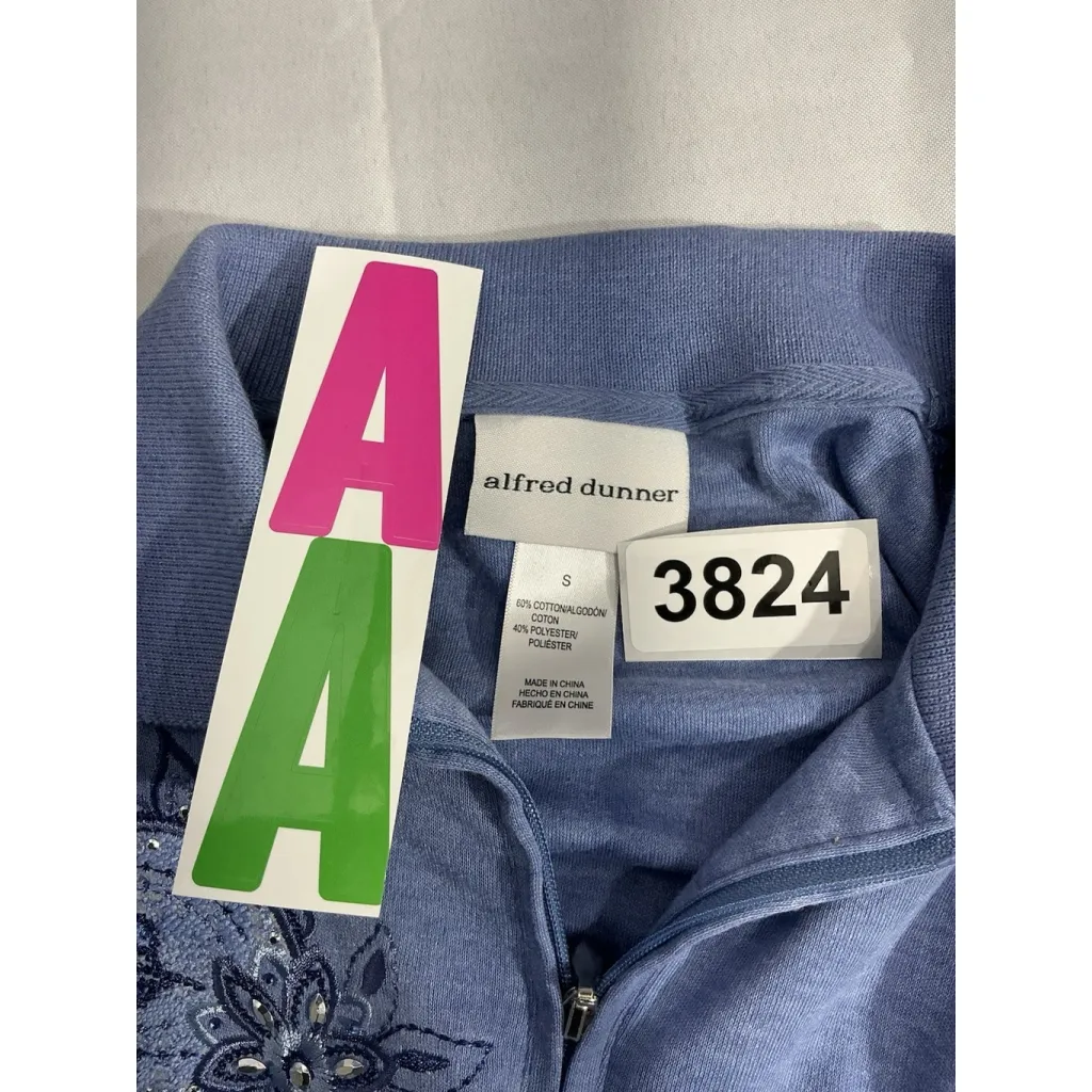 Womans Alfred Dunner Small Blue 1/4 Zip Embroider Rhinestone Pullover Sweatshirt - Image 3