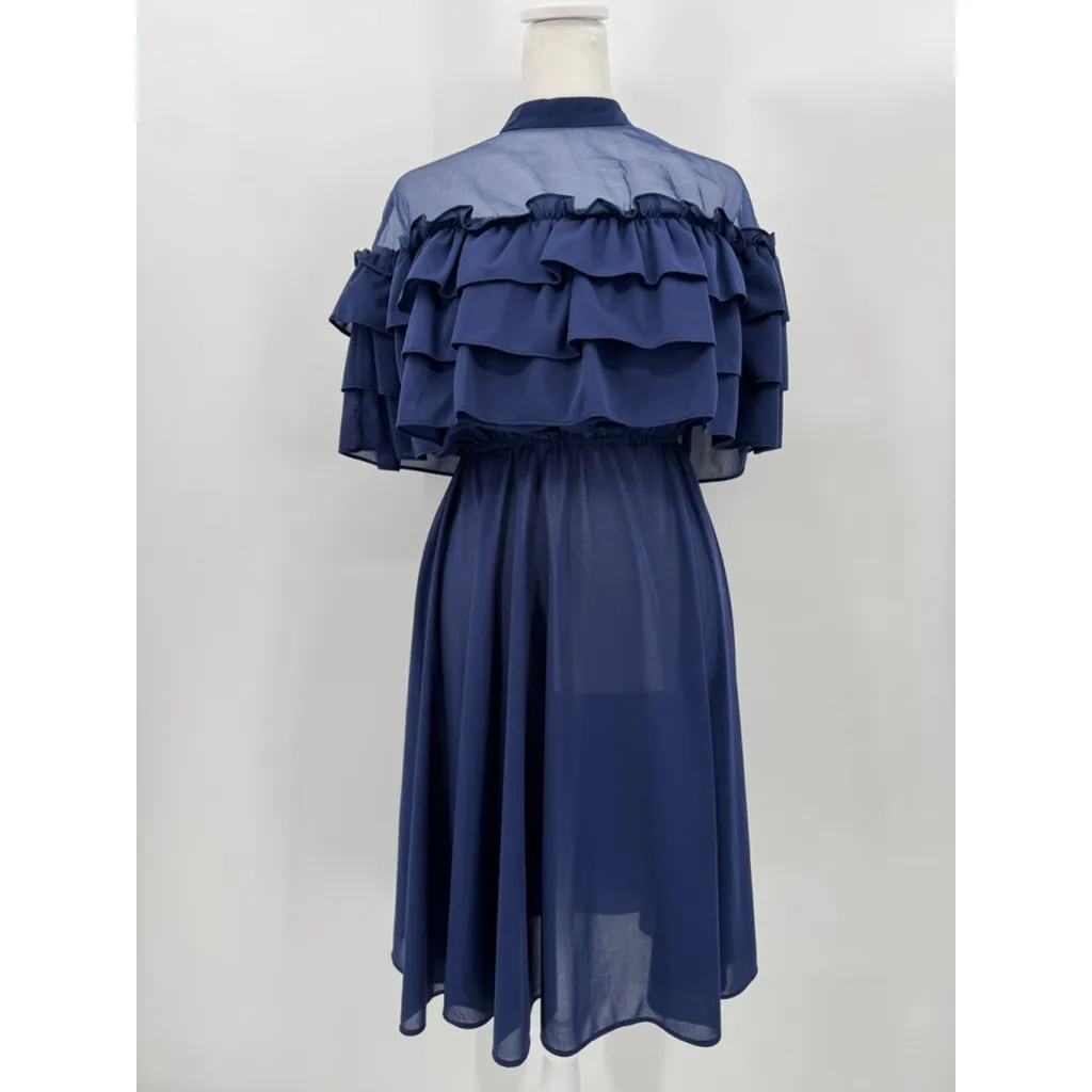 Vintage 80s Midi Party Dress Navy Blue Off Shoulder Layered Ruffles Sheer Yoke Size M - Image 2