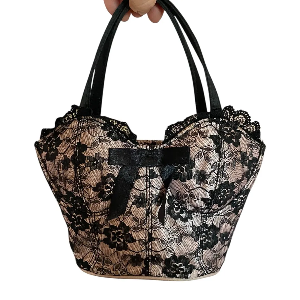 Vintage y2k Bustier Corset pink & Black Lace Handbag purse coquette girl vamp - Image 2