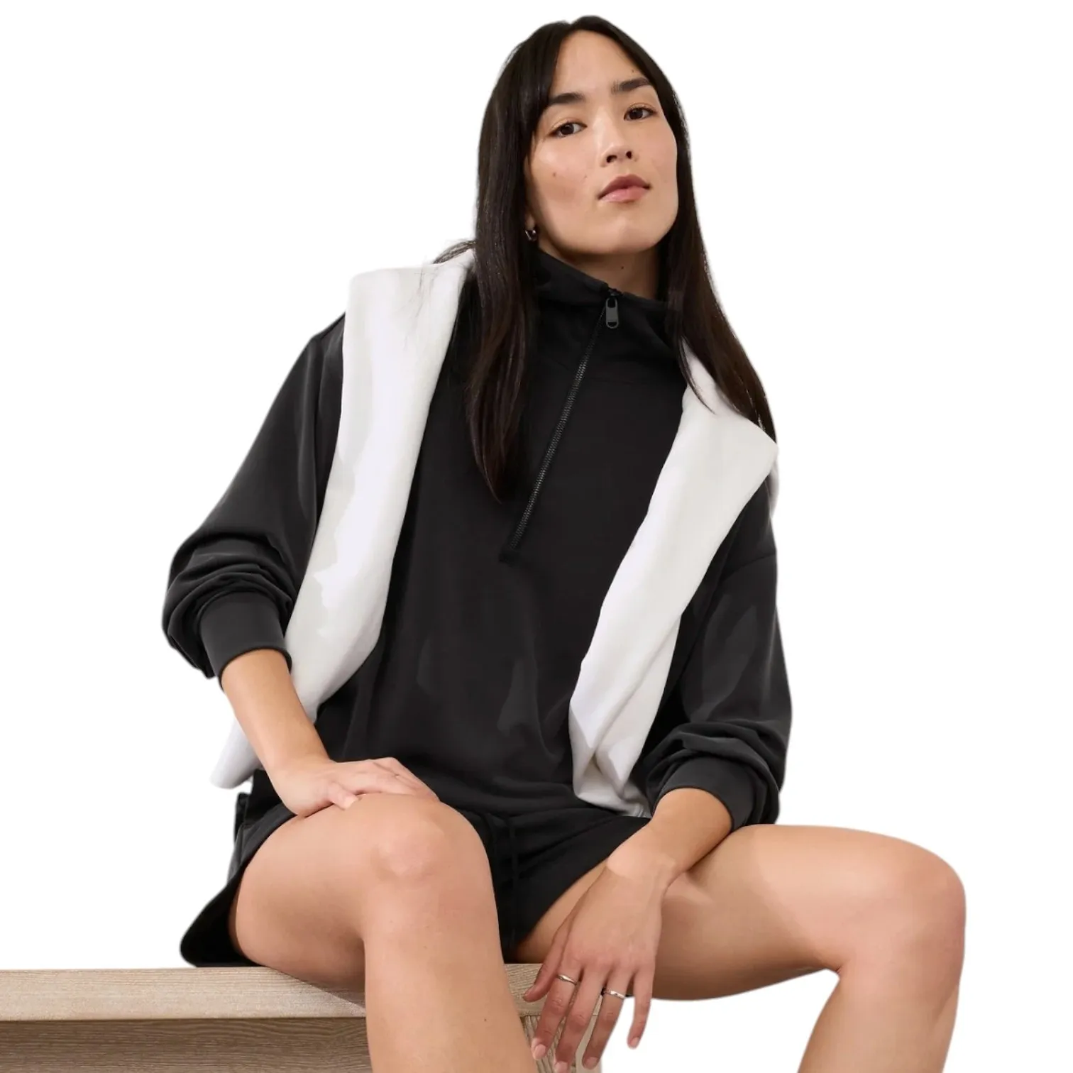 Athleta Seasoft 1/4 Zip Bubble Hem Sweatshirt Black Size Medium - Image 9