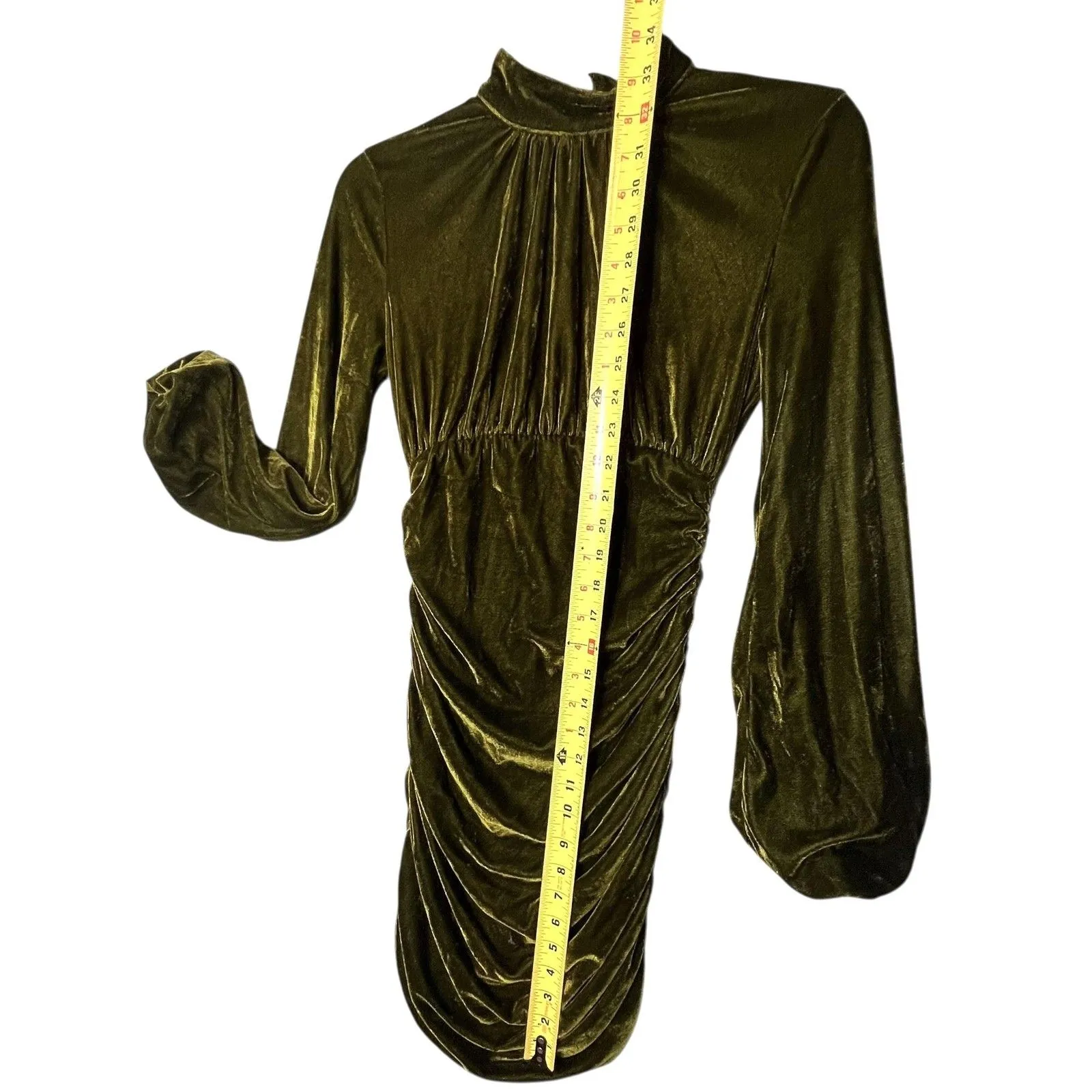 PrettyLittleThing Dress Womens 0 Olive Green Velvet Ruched Long Sleeve Mini - Image 5