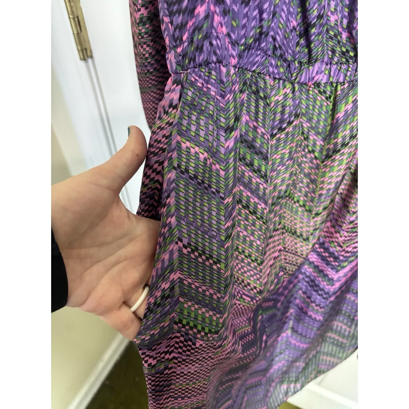 Shoshanna 100% Silk Purple Green Geometric Long Sleeve Dress Size 10 Wedding - Image 7