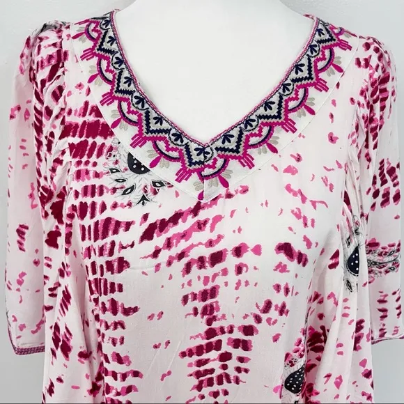 New  Tie Dye Metallic Print Embroidered Trim Poncho Top Pink - Image 5