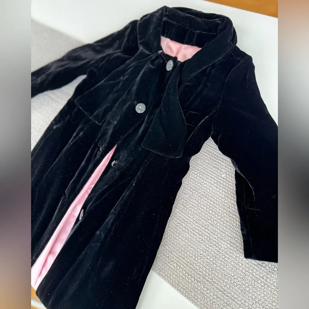 Vintage Black Velvet Tie Neck Ankle Length Dress Coat Size Small - Image 5