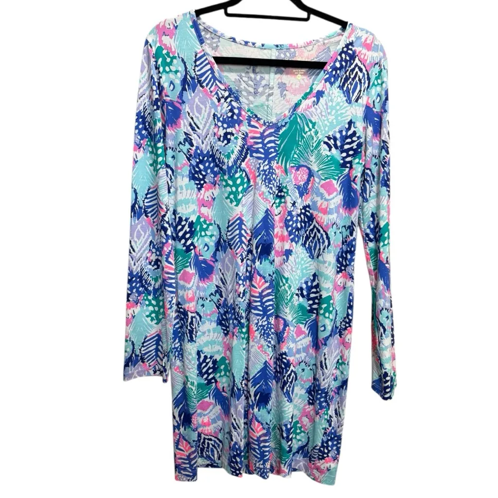 Lilly Pulitzer Beacon Dress Long Sleeve V-Neck Print Blue Pink Size M - Image 4