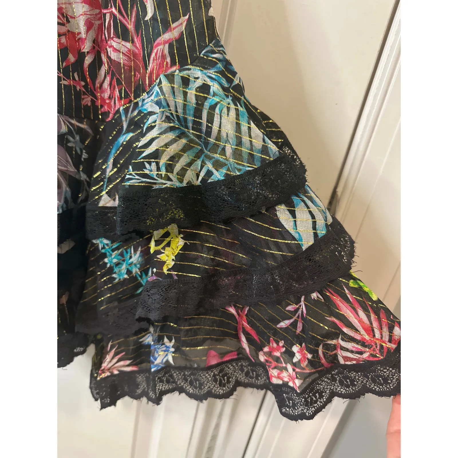 Rococo Sand Metallic Moonlight Print Ruffle Mini Dress Black Multicolor Sz Small - Image 8