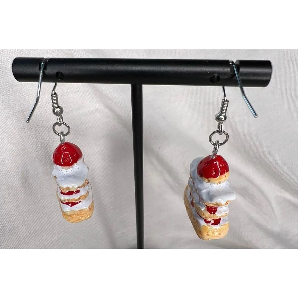 Handmade Dangly Strawberry Cheesecake Earrings - Image 4