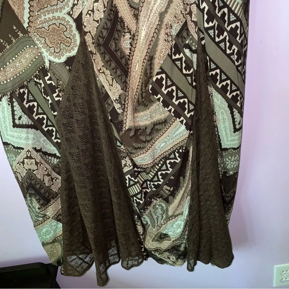 Reba Size 12 Midi Dress Brown Boho Print Sleeveless Lace Casual - Image 4