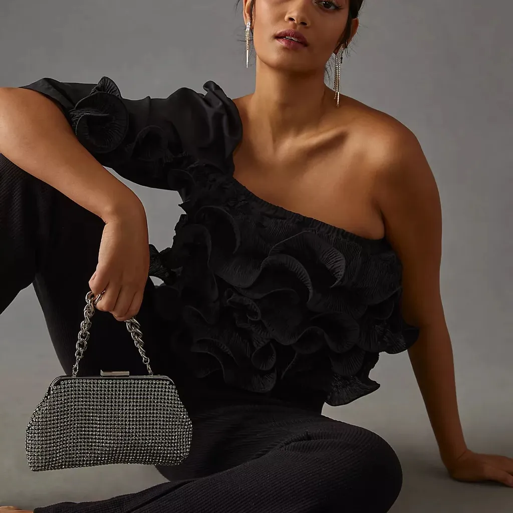 Anthropologie Let Me‎ Be 3D Rosette One Shoulder Top Black Size Medium - Image 14