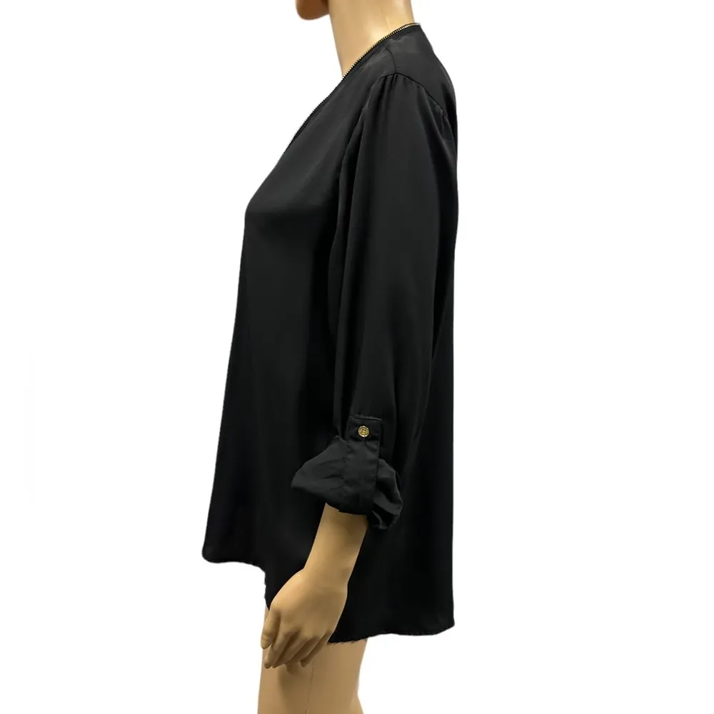 Michael Michael Kors Black Zipper V neck Long Roll Tab Sleeve Blouse Womens 10 - Image 3