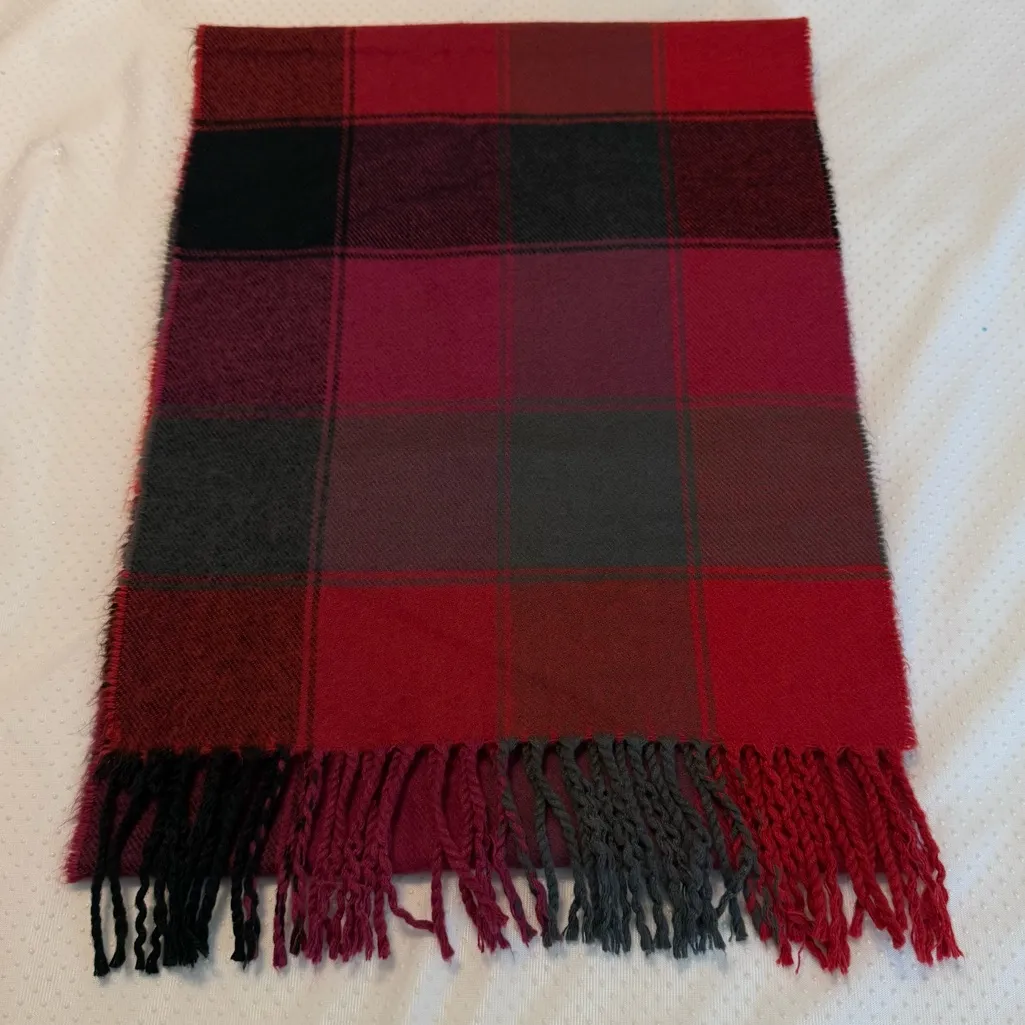 Plaid Color Block Scarf Grays Reds Magenta 12”x68” Fringe Gray - Image 3